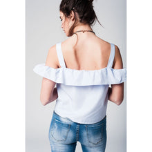 Blue striped off shoulder top with ruffled detail