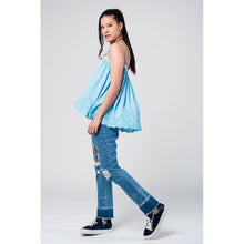 Blue top with white crochet detailing
