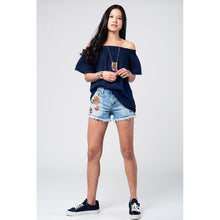 Navy open shoulder top