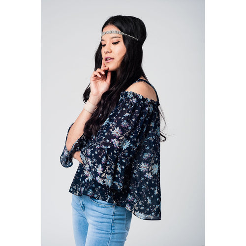 Navy cold shoulder ruffled top with floral print