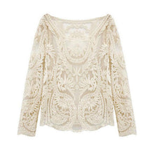 Beige Long Sleeve Hollow Out Crochet Lace Blouse