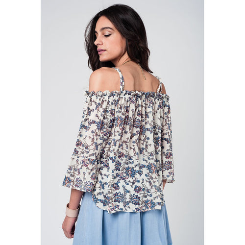 Ecru cold shoulder ruffled top with floral print