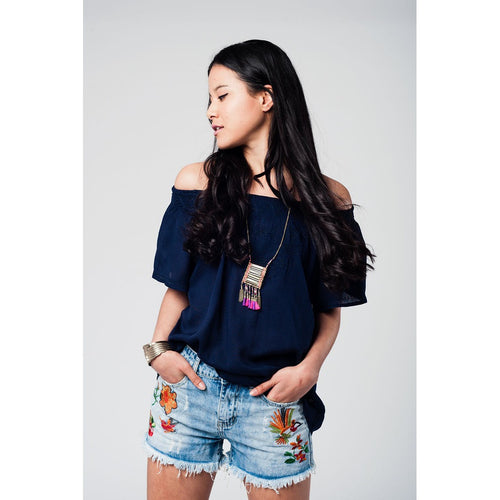 Navy open shoulder top
