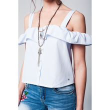 Blue striped off shoulder top with ruffled detail