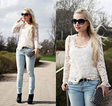 Beige Long Sleeve Hollow Out Crochet Lace Blouse