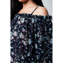 Navy cold shoulder ruffled top with floral print